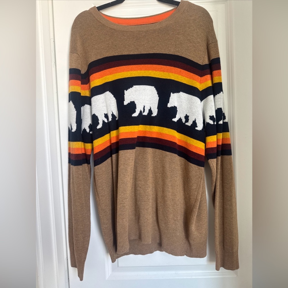 KAVU Highline Brown Sweater Bear Print Orange and Yellow Accents MEN'S Large - Picture 2 of 5